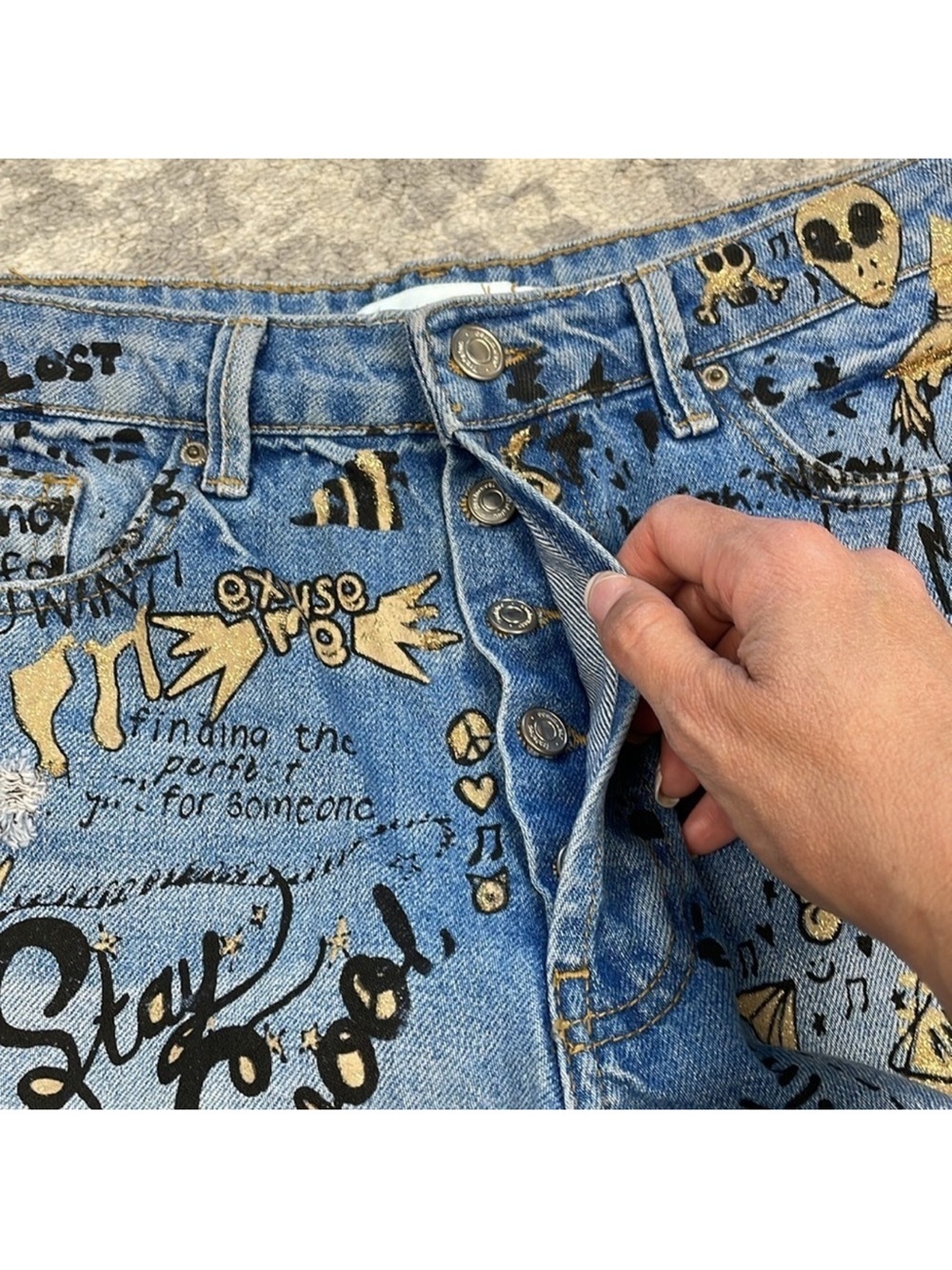 Zara Blue Denim Graffiti Jean Shorts with Black & Gold Accents - Picture 6 of 9